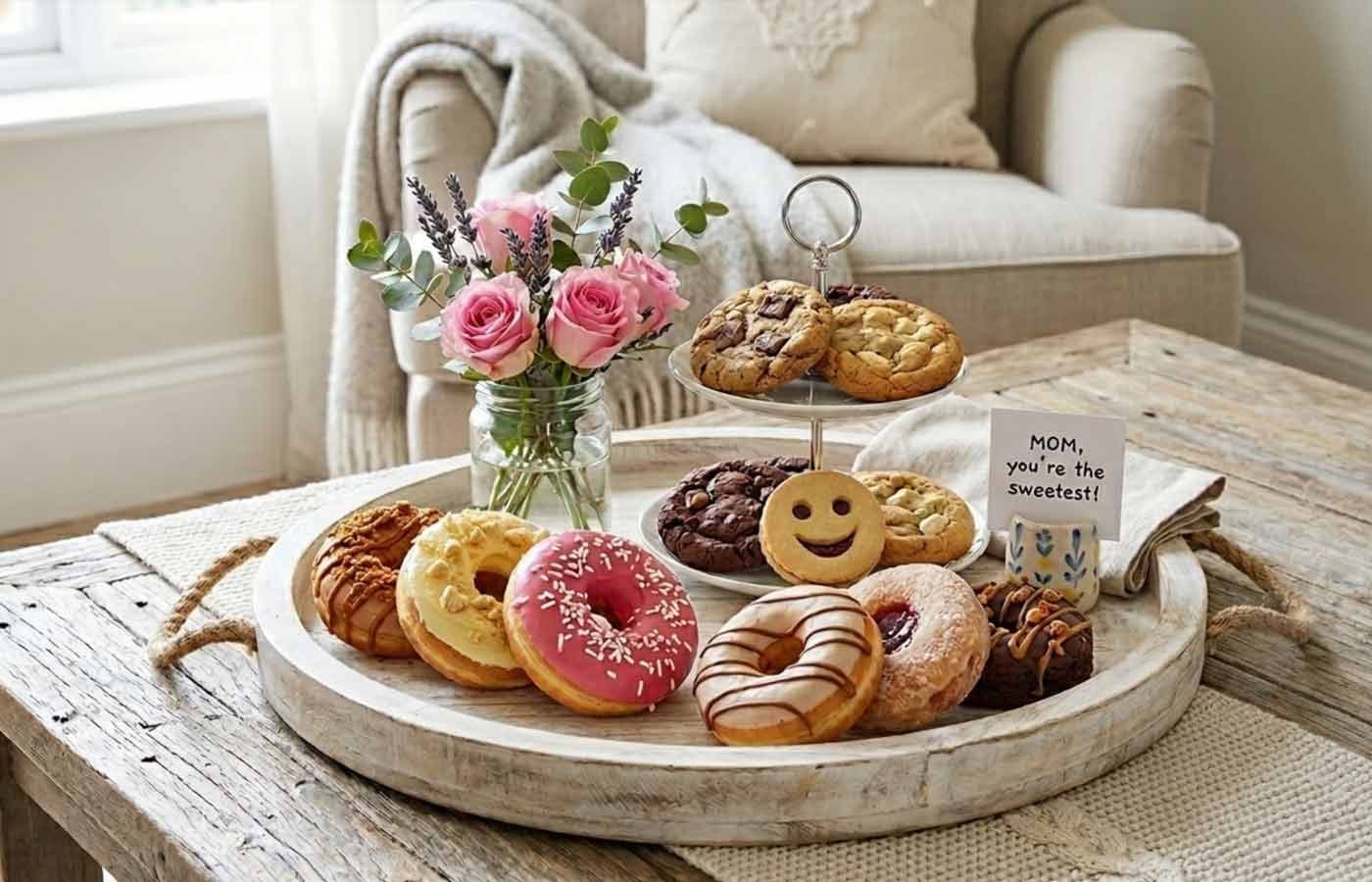 Mother’s Day doughnuts and cookies platter with pink doughnut, jam doughnut, chocolate cookies and smiley biscuit on a tray with flowers and card