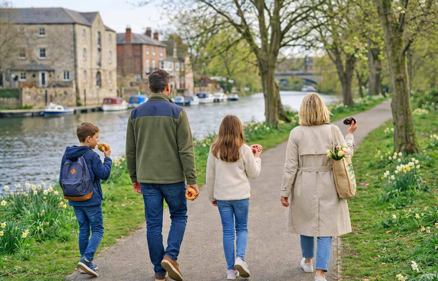 Family walking by a riverside in the UK holding doughnuts, showing simple Mother’s Day treat ideas from a local bakery 79