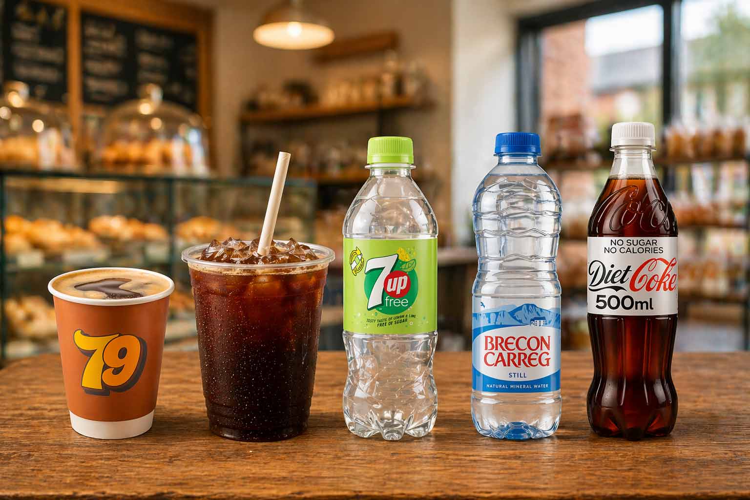 Healthier drink options including water and sugar free soft drinks at Bakery 79