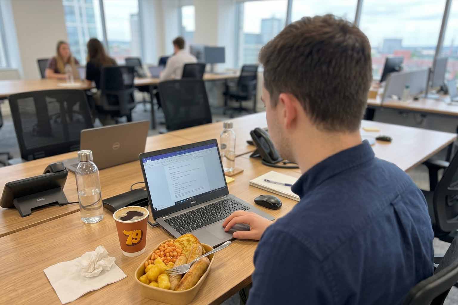 Person eating a hot breakfast bowl at a desk with coffee - a filling and balanced bakery breakfast option