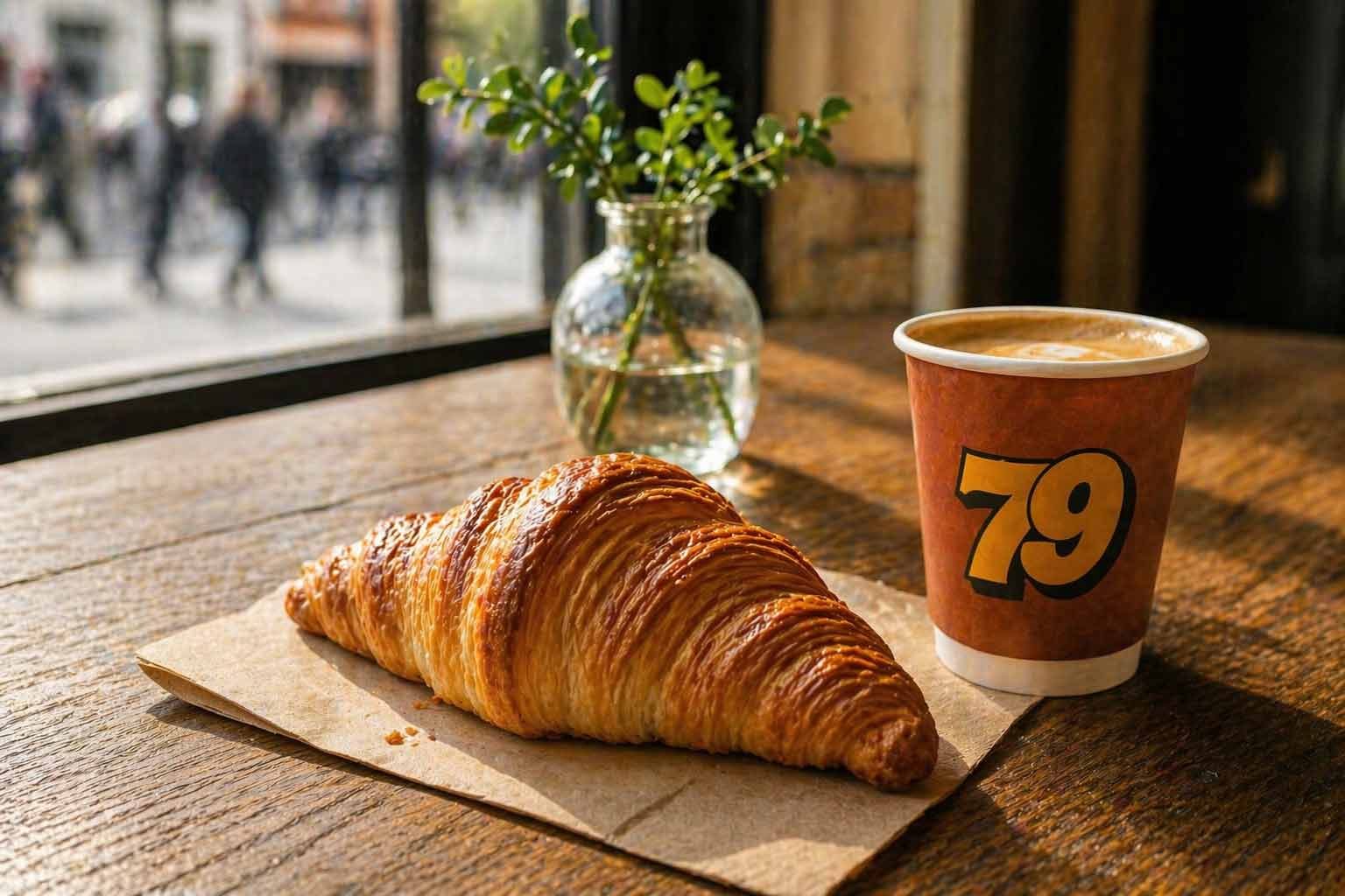 Fresh butter croissant and coffee, perfect bakery breakfast on the go