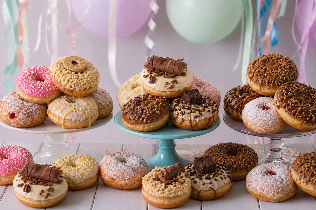 Doughnuts for birthdays and celebrations arranged together, featuring Bakery 79 branded toppings and colourful designs