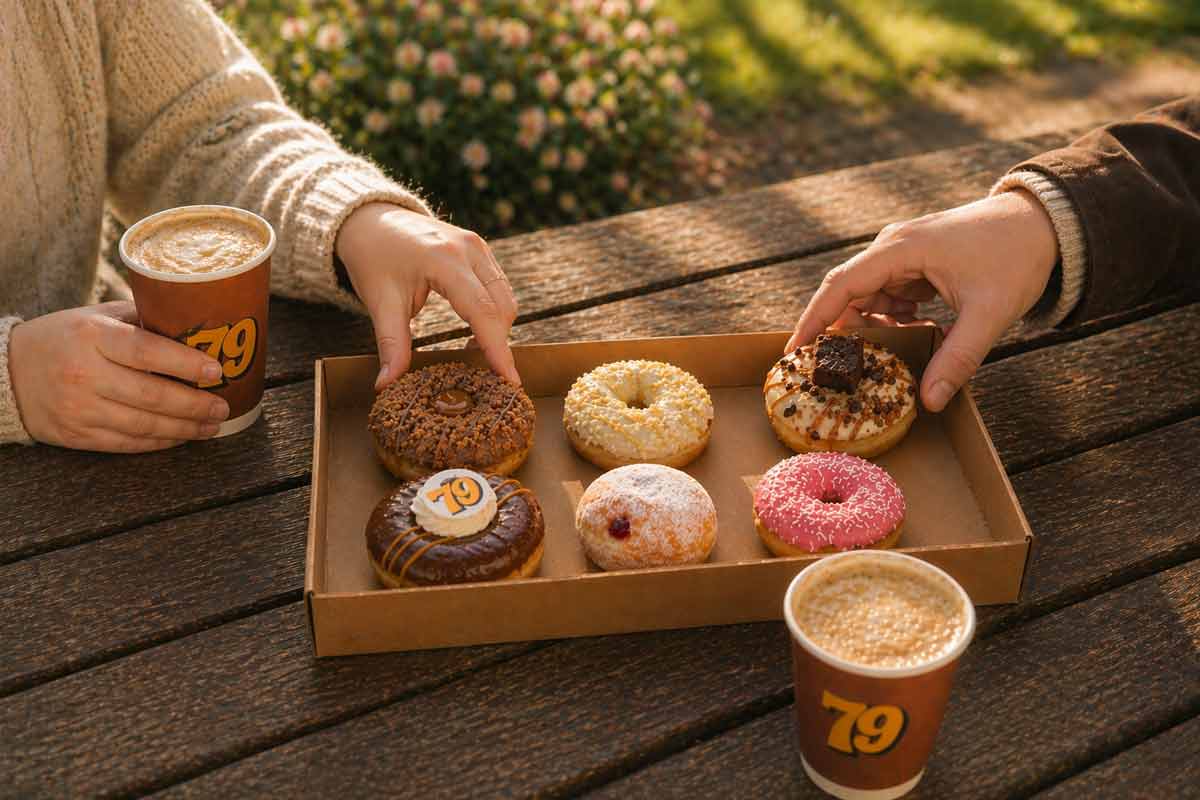 Selection of Bakery 79 doughnuts in a sharing box with coffee, a perfect everyday treat