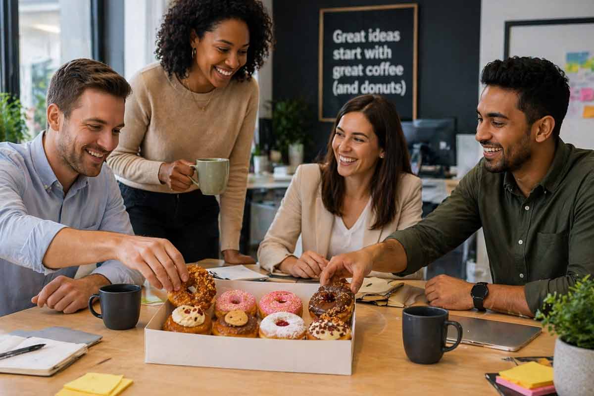 Office workers sharing doughnuts from a box on a desk with coffee during a casual workplace break