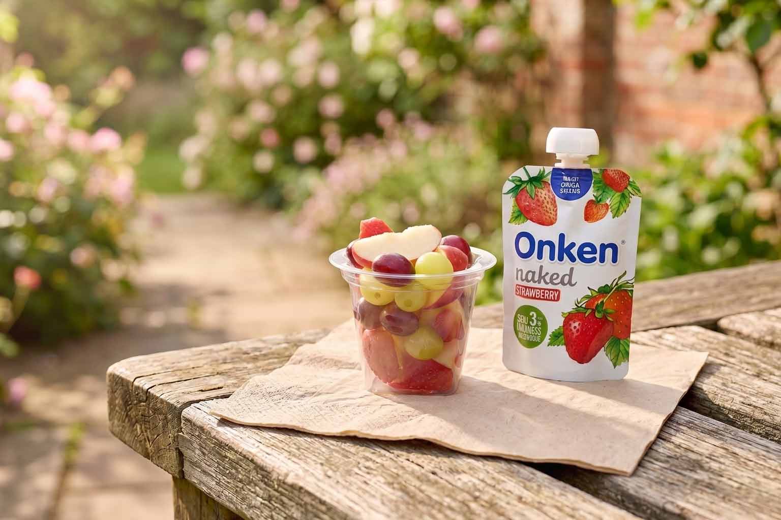 Fresh fruit pot with yogurt on a wooden table, ideal for healthier bakery sweet options