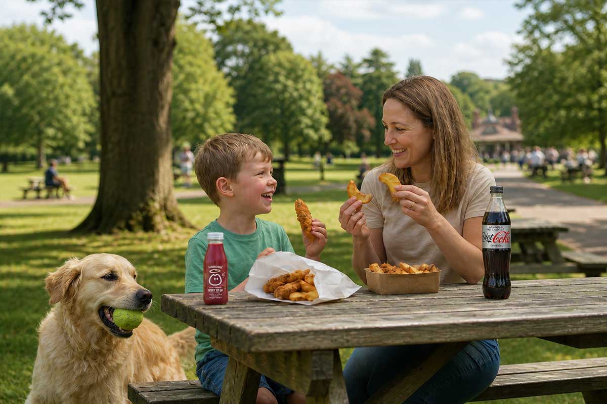 Mother and child enjoying bakery snacks with drinks at a park picnic, with chicken bites, juice and soft drink, showing on-the-go food in the UK