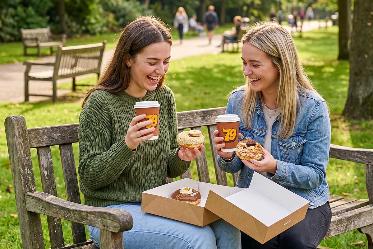Two friends enjoying coffee and doughnuts on a park bench with Bakery 79 takeaway cups on a sunny day