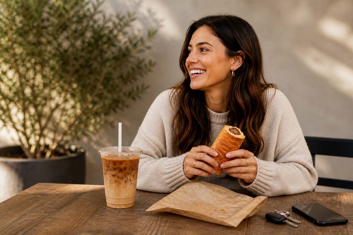 Woman enjoying iced coffee and pastry on the go