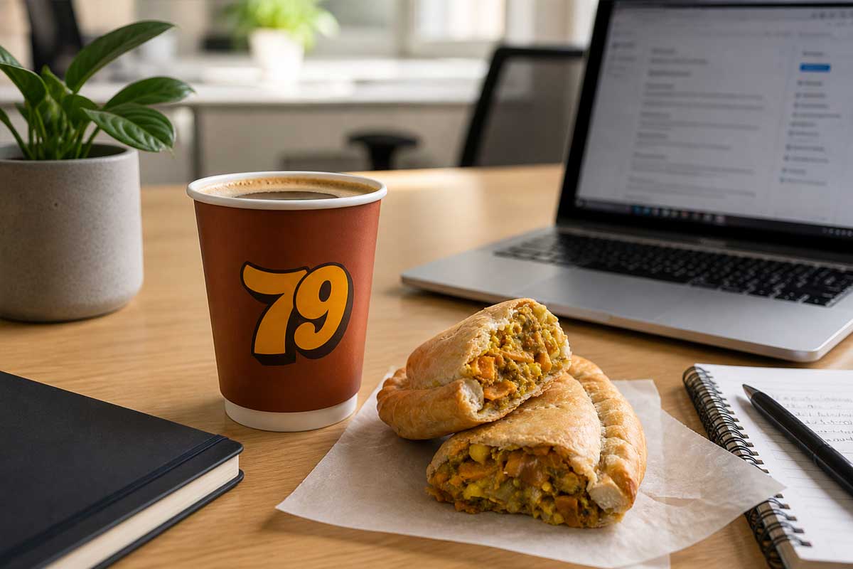 Bakery pasty and coffee on office desk for quick lunch at work UK