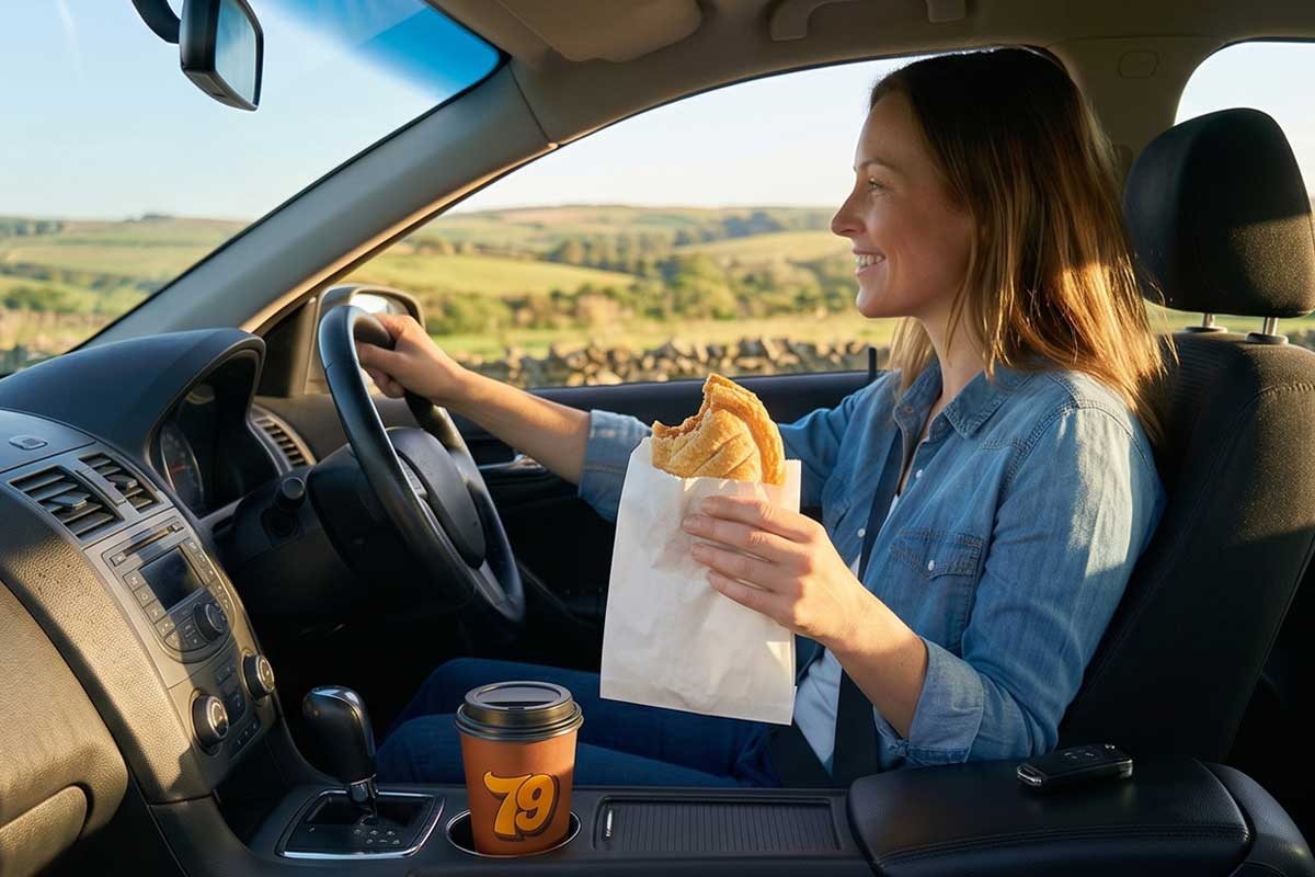 Woman eating a pasty while driving with takeaway coffee, showing a typical on-the-go bakery snack in the UK