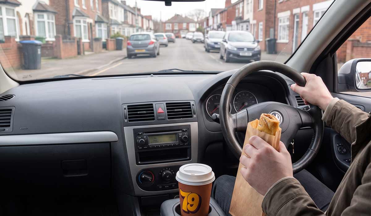 Bakery breakfast on the go with coffee during a morning commute